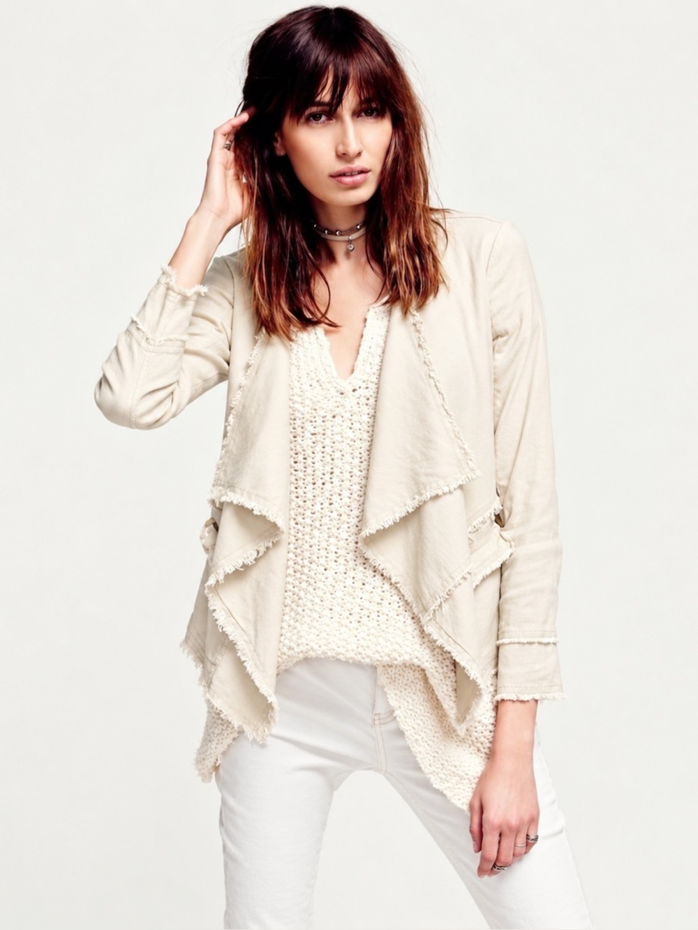 Free People Cream raw hem waterfall Sweater Jacket - Women